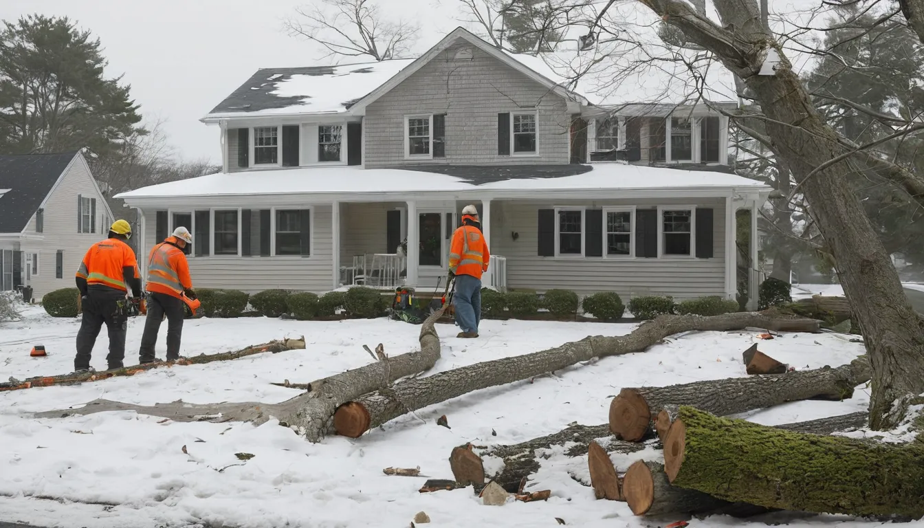 A fallen tree limb resting across a home's yard near Haverhill after a storm, with a tree provider assessing it
