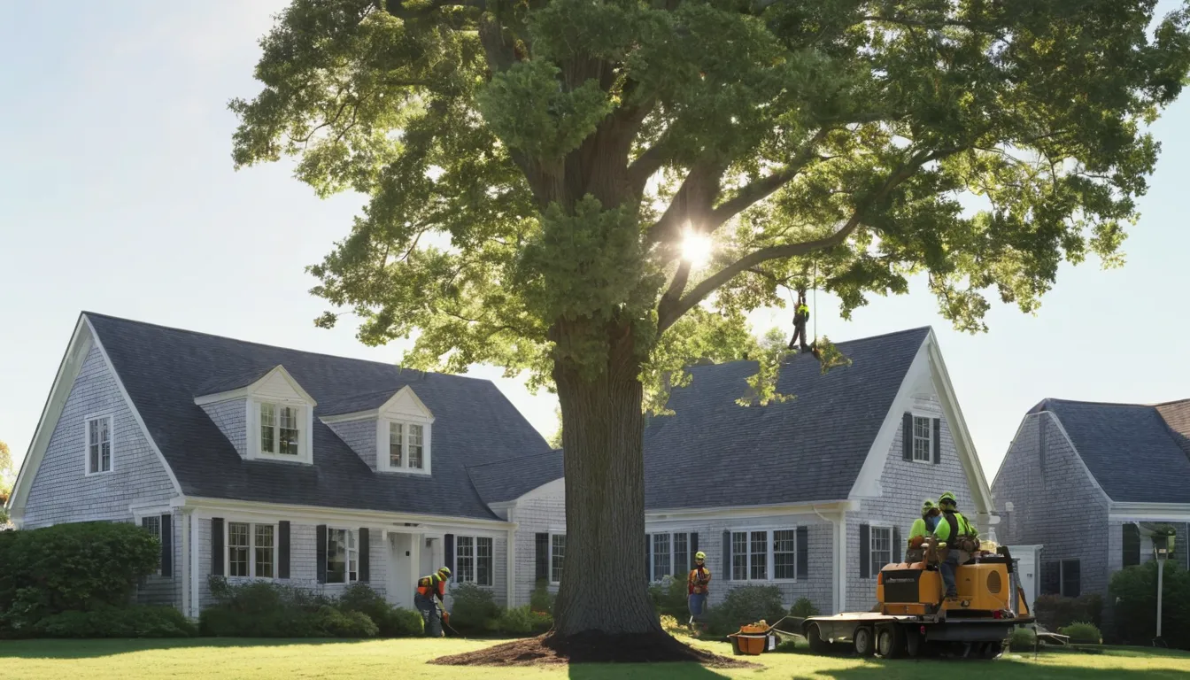 A local tree removal provider safely taking down a large tree beside a home near Haverhill